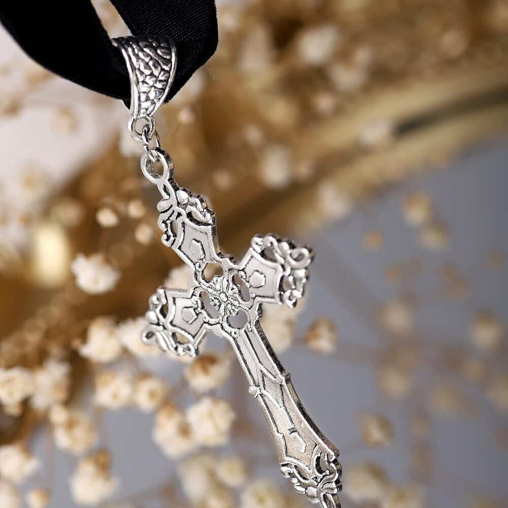 Gothic Cross Necklace Zinc Alloy Black Pendant Choker Jewelry Gift for Women - Picture 6 of 7